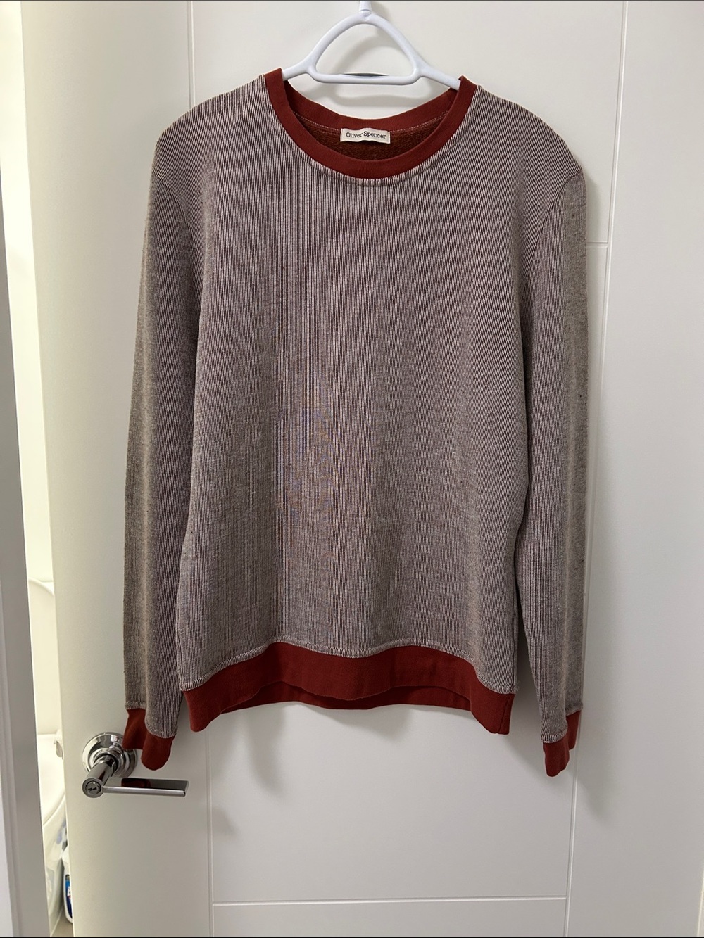 Oliver Spencer Two-Tone Crewneck Sweater in Taupe with Rust Trim